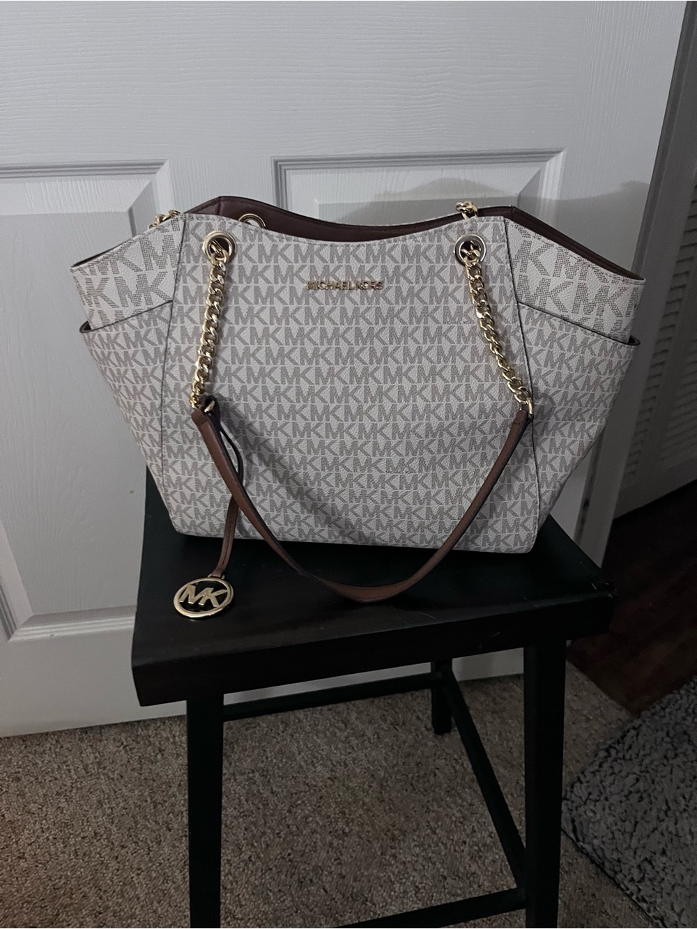 Michael Kors Cream Logo Tote with Brown Trim and Gold Hardware